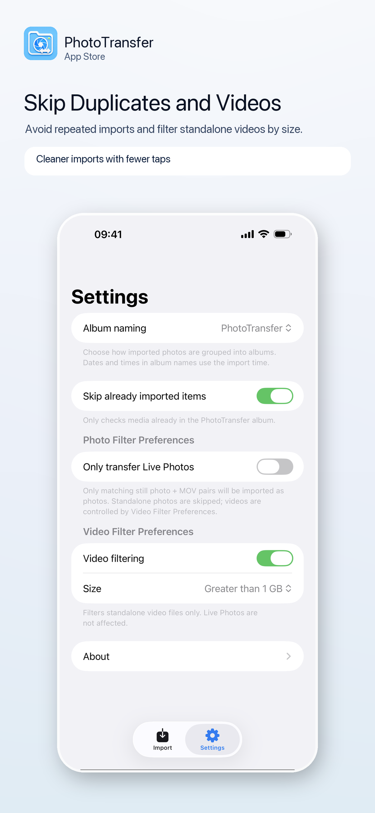 PhotoTransfer skip duplicates and videos screenshot